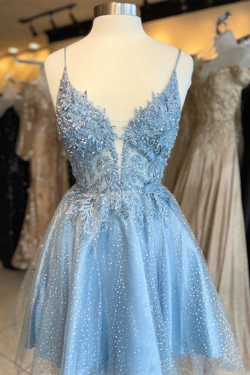 Floral Lace Plunge Neck A-line Short Party Dresses