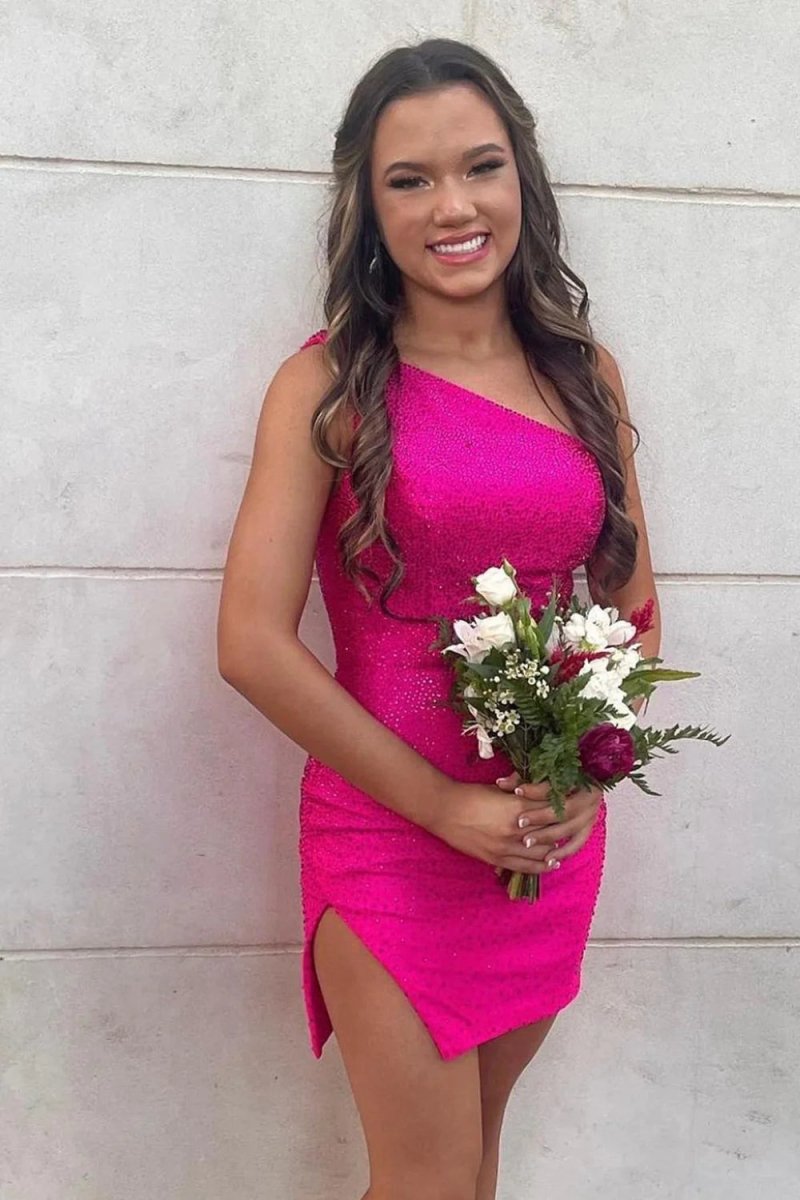 Sparkly One Shoulder Tight Homecoming Dresses with Slit