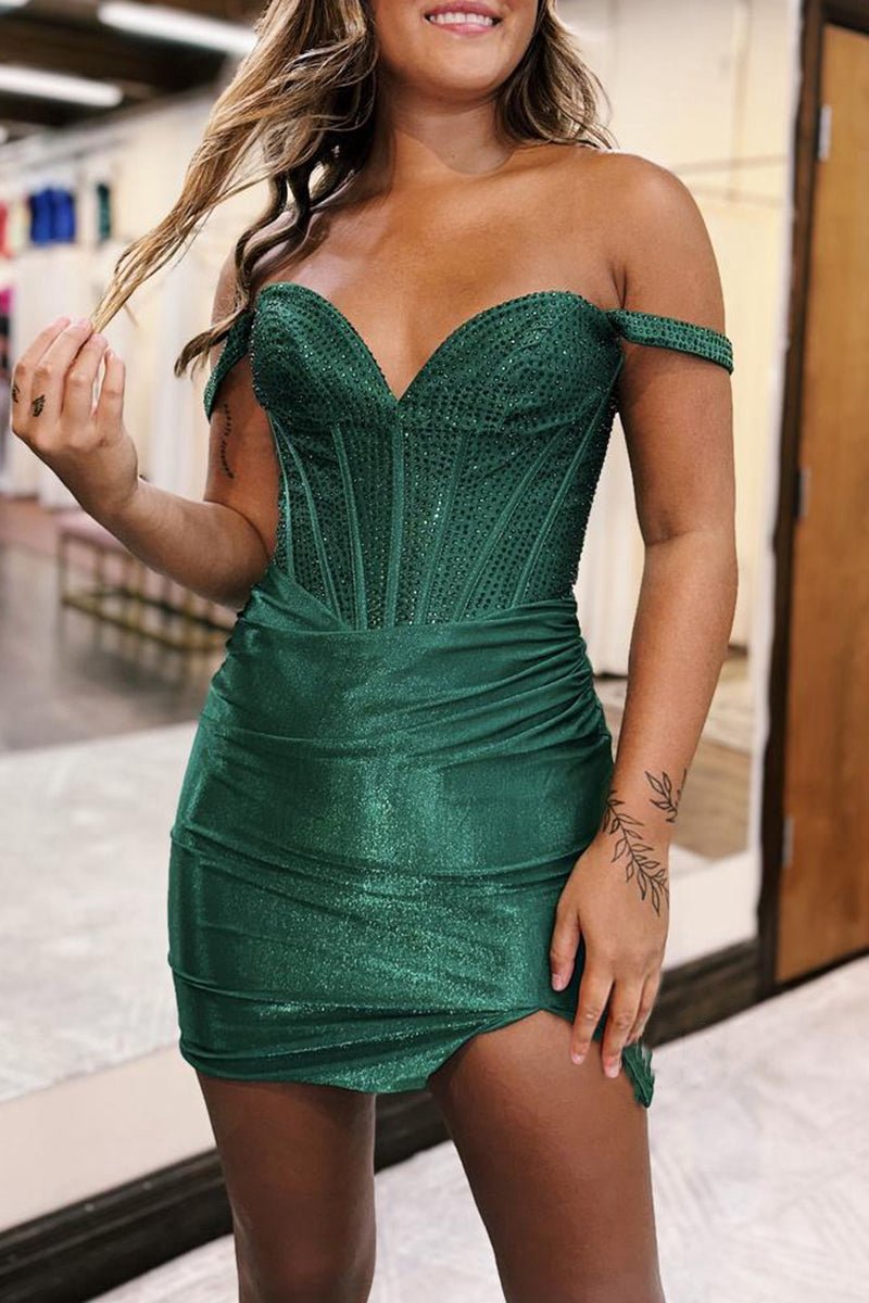 Satin Fitted Off-Shoulder Ruched Beaded Homecoming Dresses