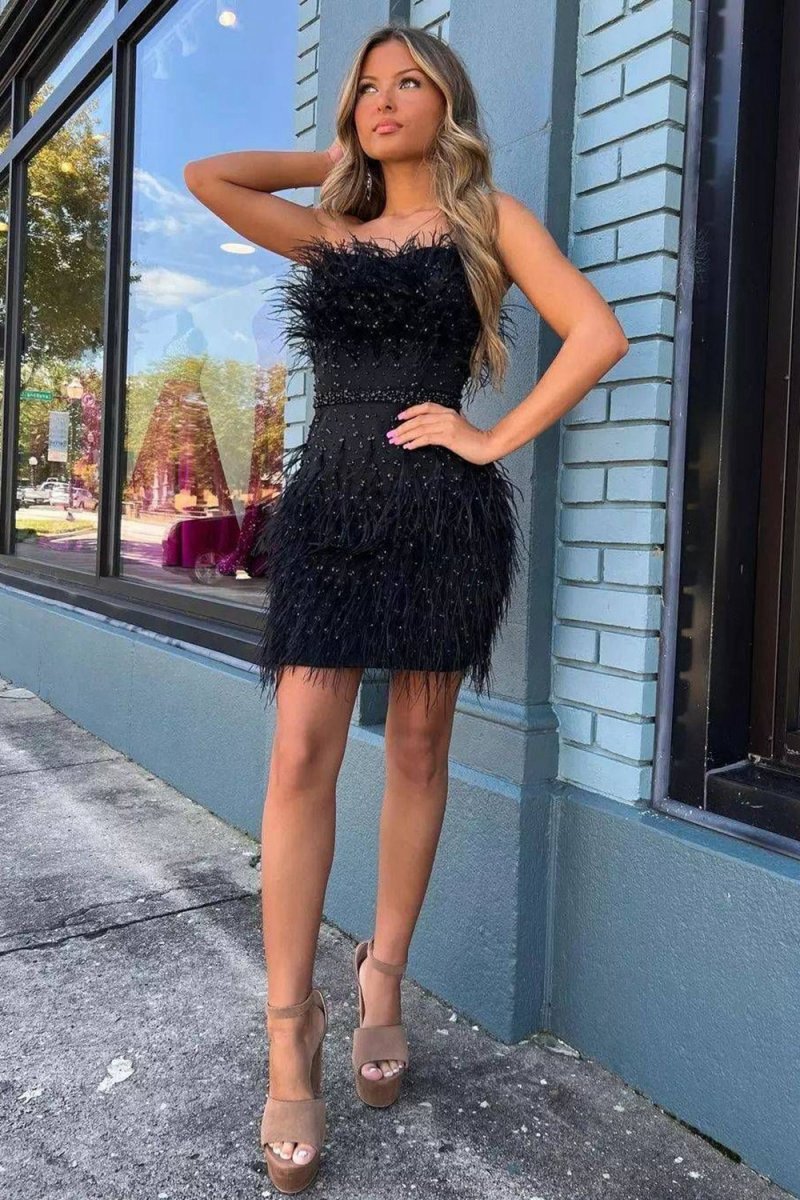 Sheath Strapless Feathers Short Homecoming Dresses with Beaded Belt