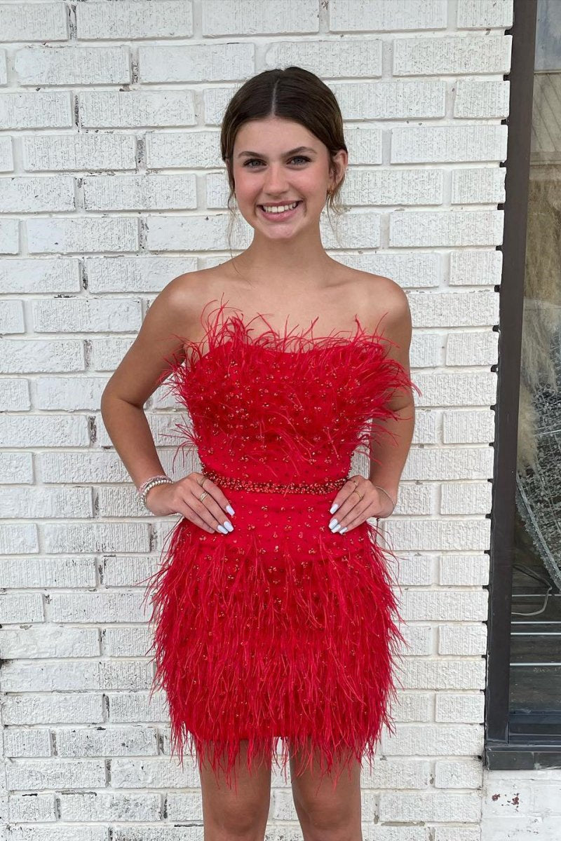 Sheath Strapless Feathers Short Homecoming Dresses with Beaded Belt