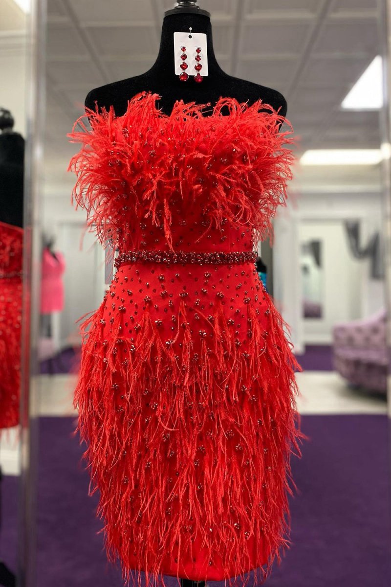 Sheath Strapless Feathers Short Homecoming Dresses with Beaded Belt