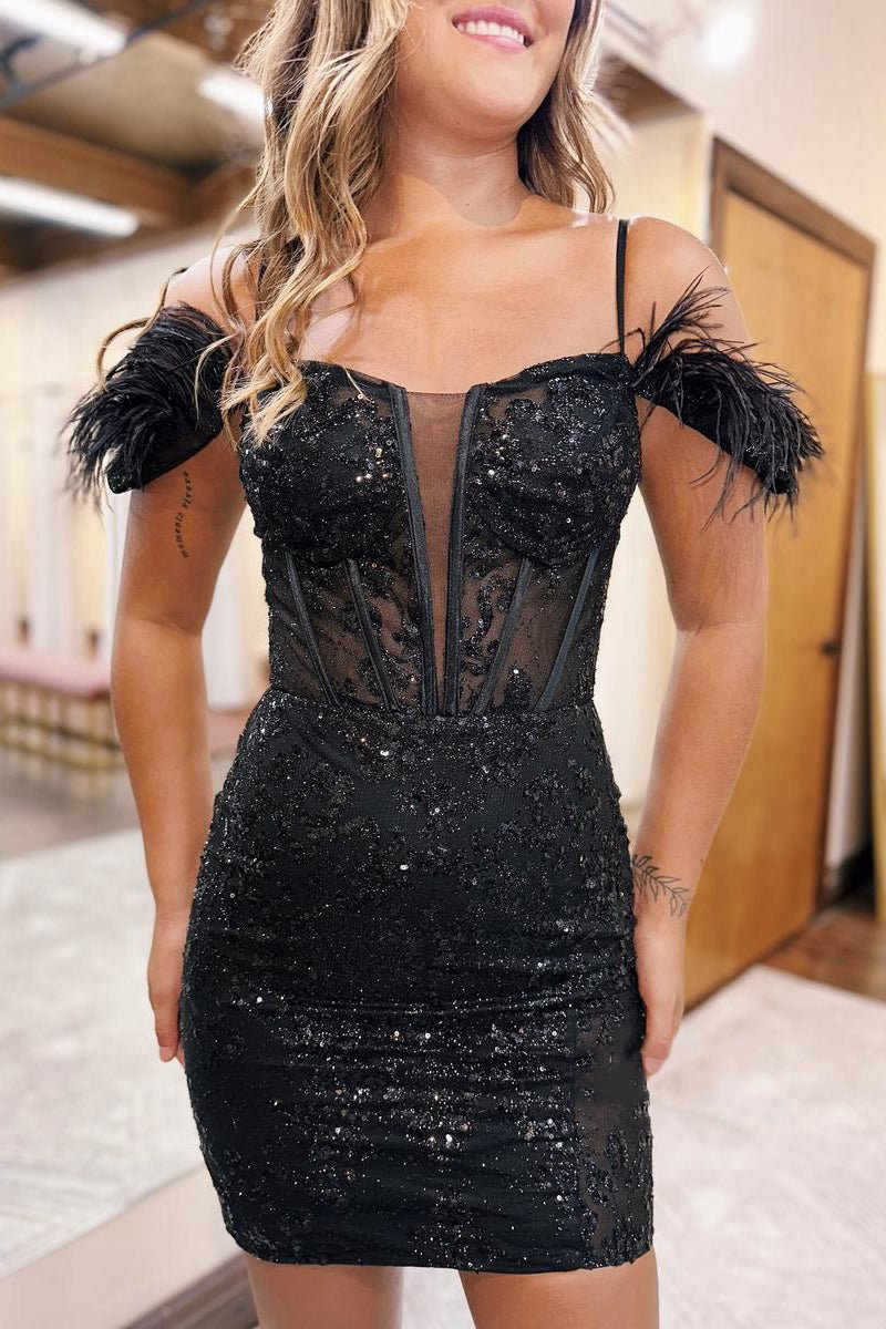 Sheath Off-Shoulder Feathers Appliques Lace-Up Homecoming Dresses