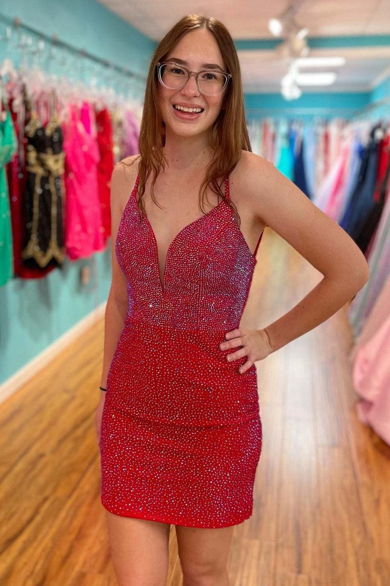 Fitted V-Neck Spaghetti Straps Fully Beaded Homecoming Dresses
