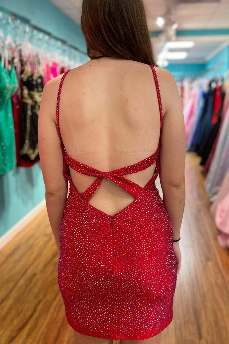 Fitted V-Neck Spaghetti Straps Fully Beaded Homecoming Dresses