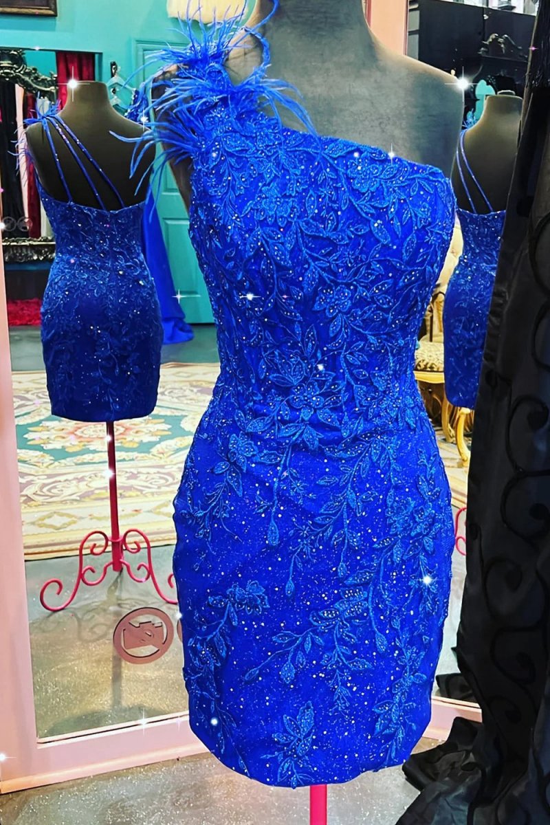 Glitter One Shoulder Lace Short Homecoming Dresses with Feather