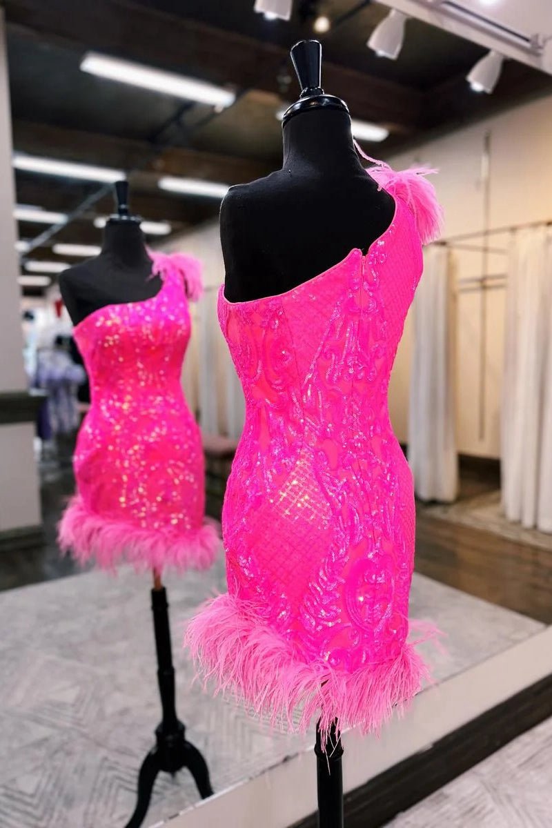 Unique Bodycon One Shoulder Sequins Lace Short Homecoming Dresses with Feather