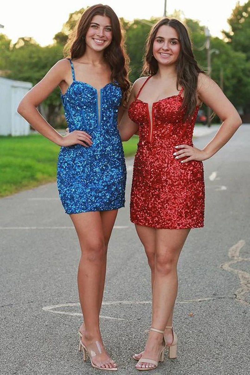 Sequin Scoop Neck Lace-Up Short Tight Homecoming Dresses