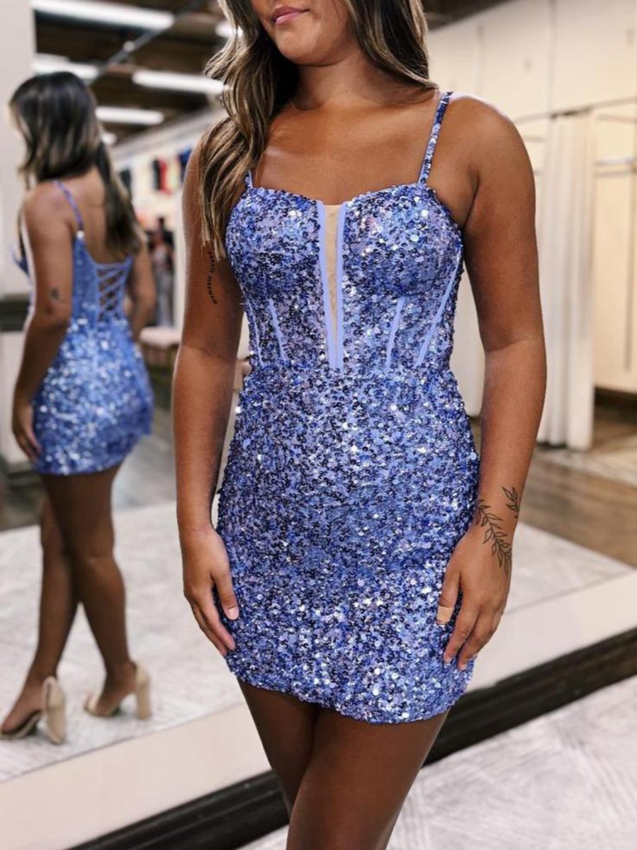 Sequin Scoop Neck Lace-Up Short Tight Homecoming Dresses