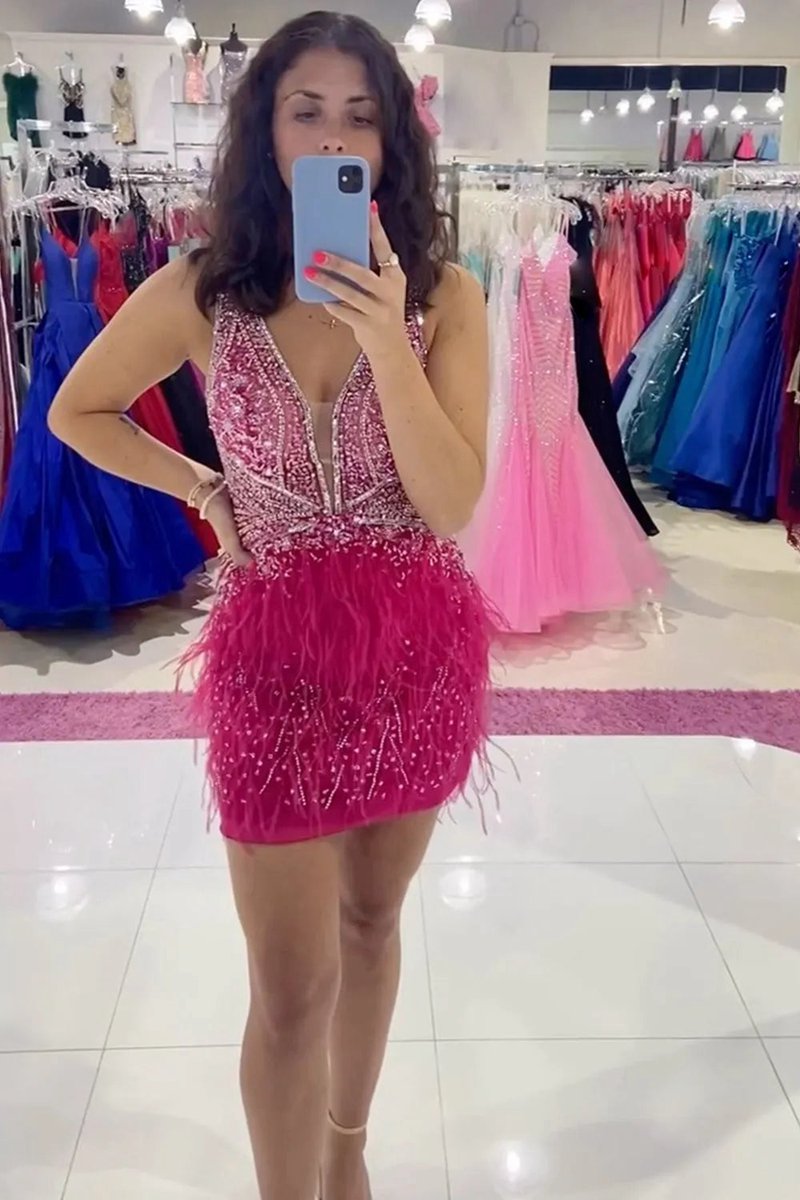 Sheath Satin V neck Feathers Short Homecoming Dresses
