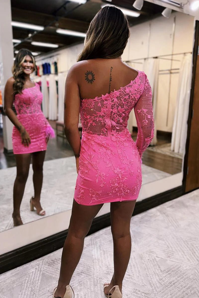 One Shoulder Long Sleeve Appliques Sheath Homecoming Dresses