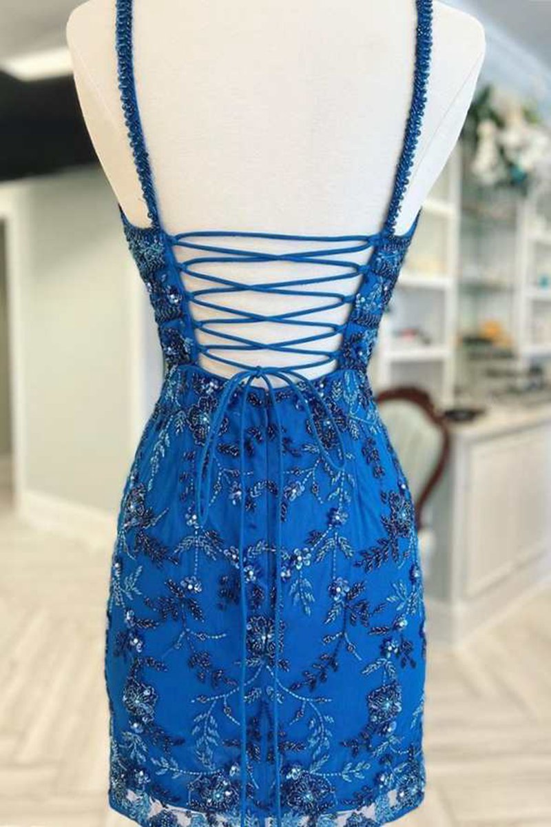 Floral Lace Beaded Lace-Up Back Cocktail Dresses