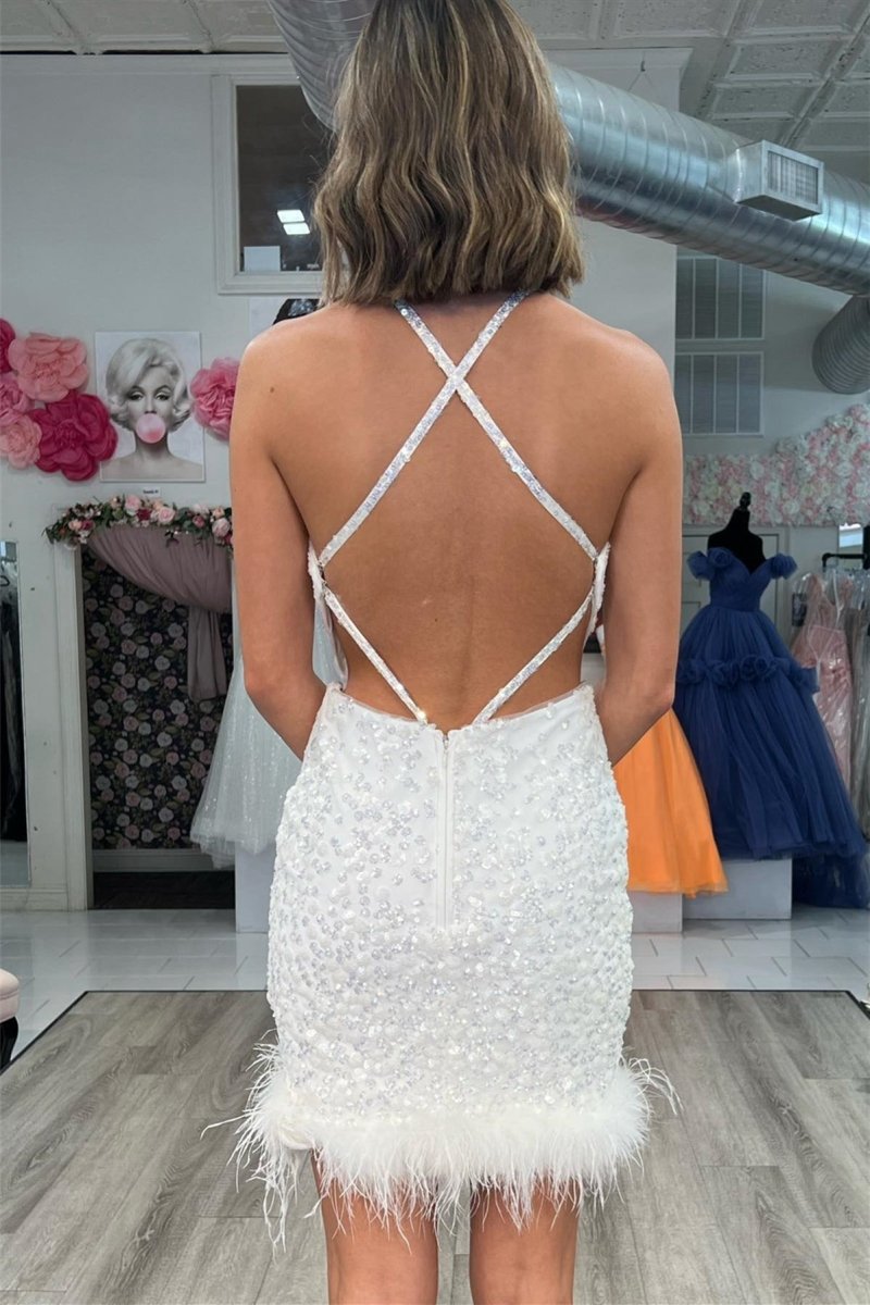 Sequins Sheath Halter Straps Homecoming Dresses with Feathers