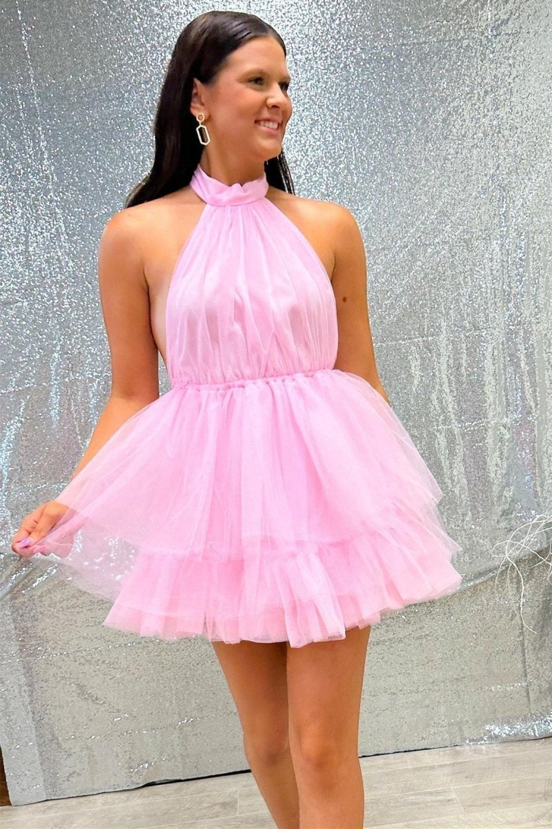 Tulle Halter Short Homecoming Dresses with Ruffles