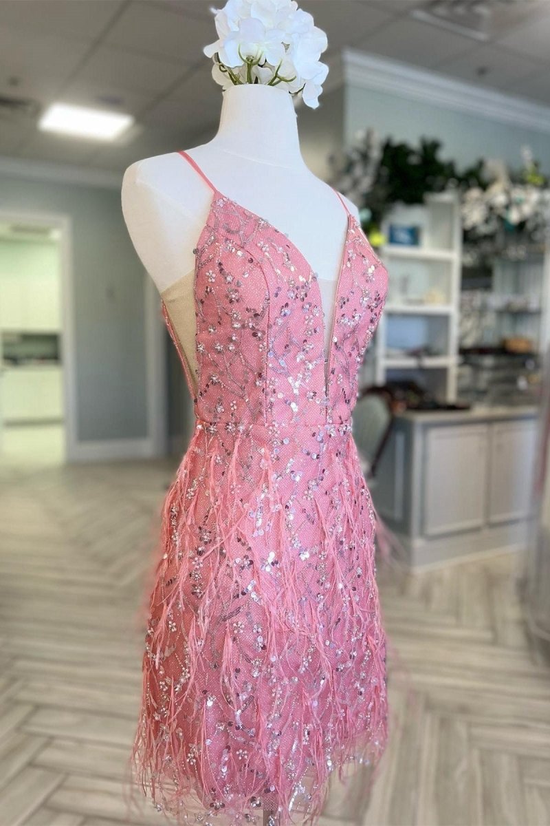 Tulle Sequin Plunge V Short Cocktail Dresses with Feathers