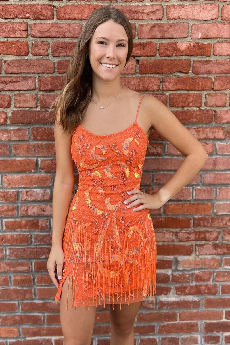 Sequin EmbroideLace-Up Short Homecoming Dresses with Fringes