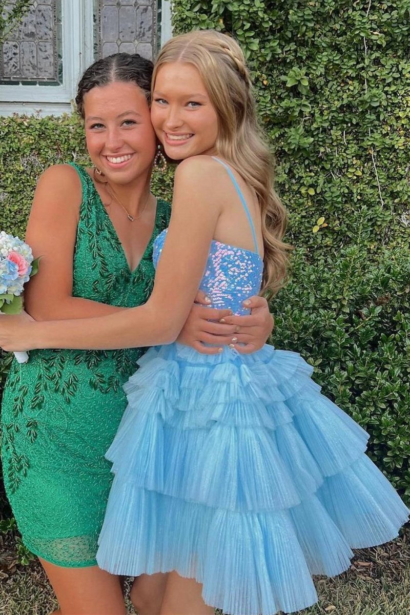 Sequin V-Neck Ruffle Tie Short Homecoming Dresses