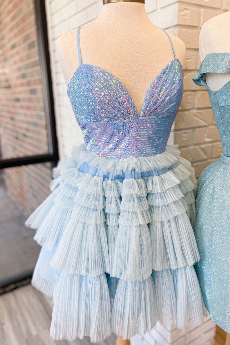 Sequin V-Neck Ruffle Tie Short Homecoming Dresses