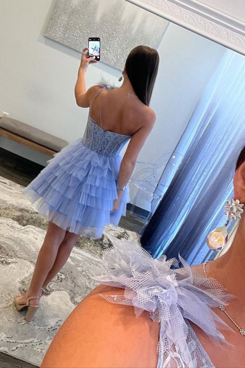 One-Shoulder Lace Ruffle Tie Short Homecoming Dresses
