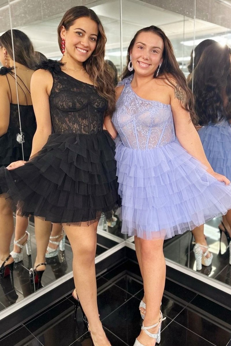 One-Shoulder Lace Ruffle Tie Short Homecoming Dresses
