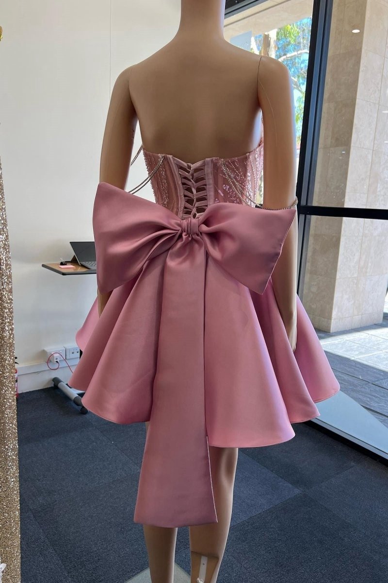A-line Lace Off-the-Shoulder Bow-Back Short Homecoming Dresses