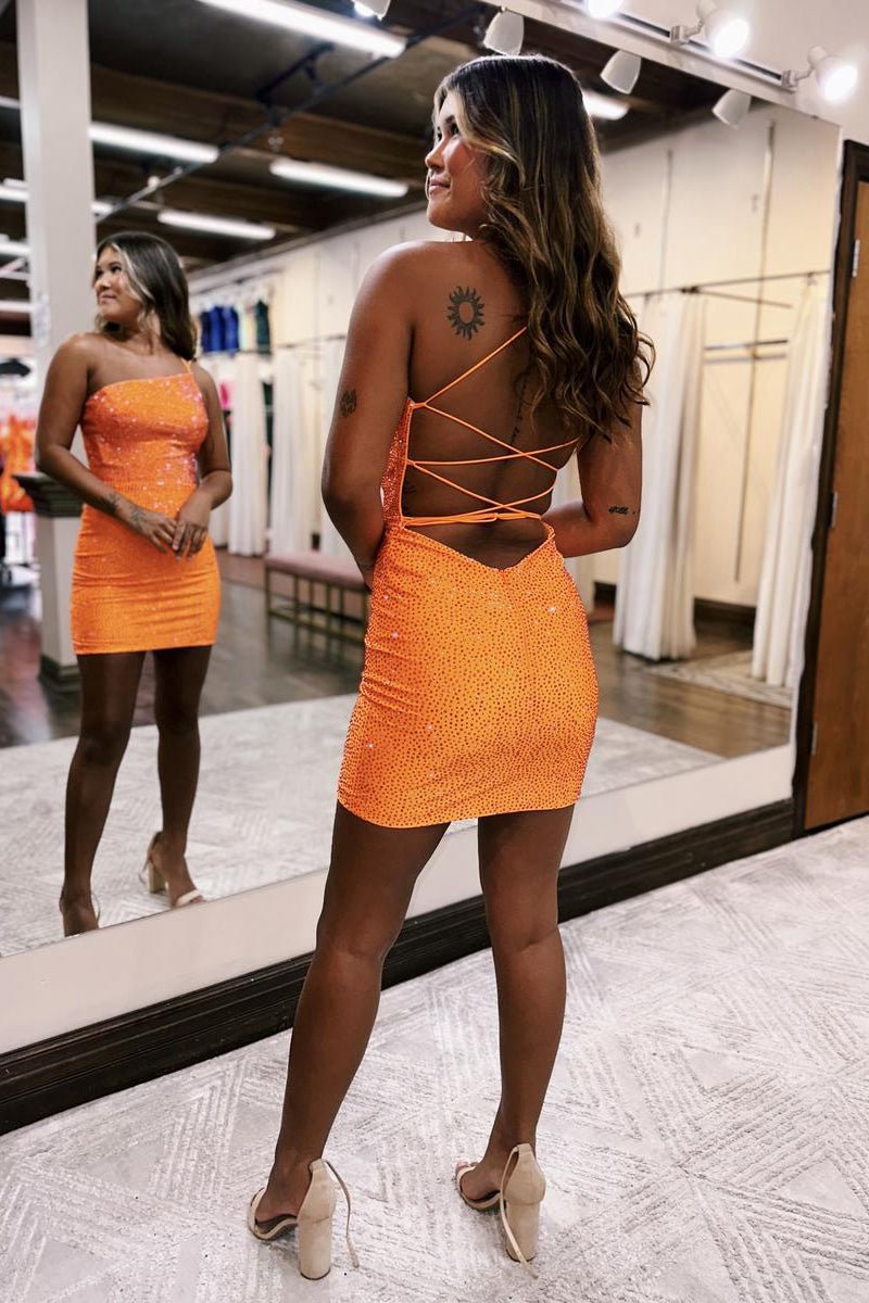 Sheath One Shoulder Lace Up Tight Beaded Homecoming Dresses