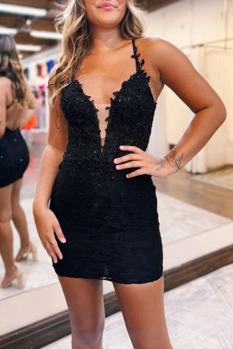 Spaghetti Straps Cross Back Beading Short Homecoming Dresses