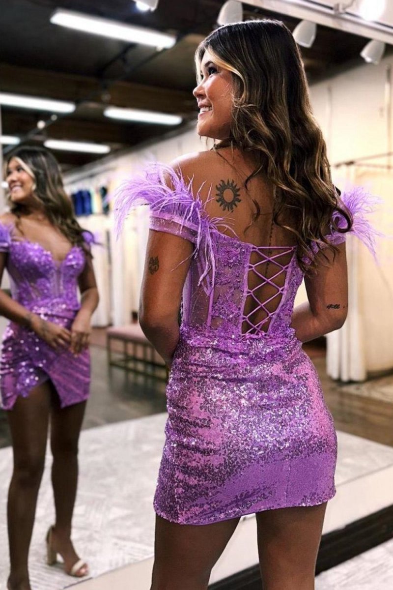 Sequin Off the Shoulder Lace Up-Corset Short Homecoming Dresses with Feather