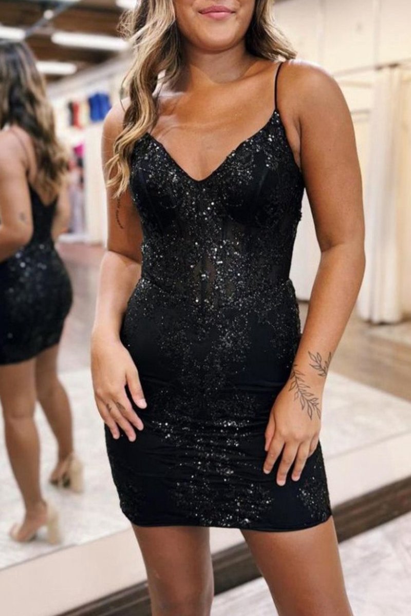 Glitter Sparkly Bodycon Zipper Back Spaghetti Straps Short Homecoming Dresses