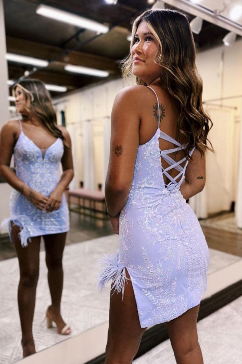 Bodycon Lace Up Spaghetti Straps Short Homecoming Dresses with Split
