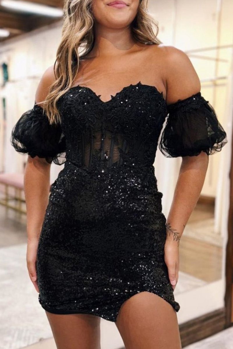 Bodycon Sparkly Sequin Strapless Short Homecoming Dresses with Split