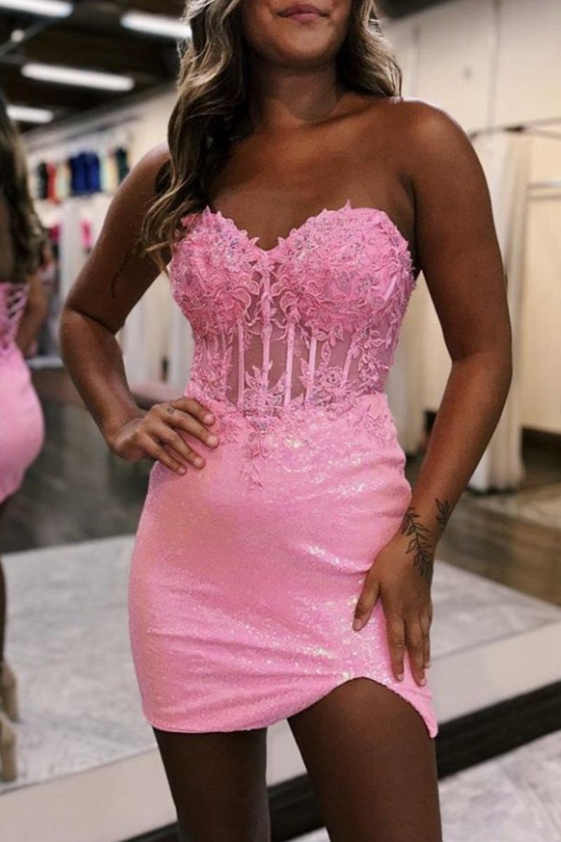 Bodycon Sparkly Sequin Strapless Short Homecoming Dresses with Split