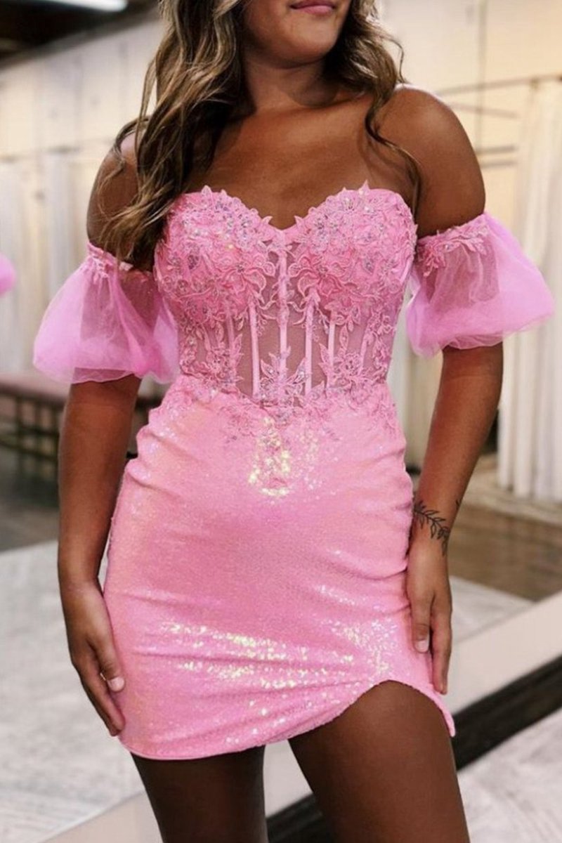 Bodycon Sparkly Sequin Strapless Short Homecoming Dresses with Split