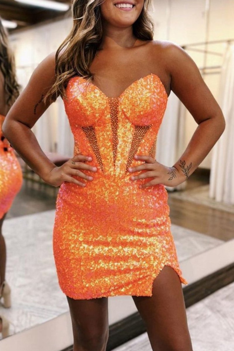 Sparkly Strapless Bodycon Sequin Short Homecoming Dresses with Slit