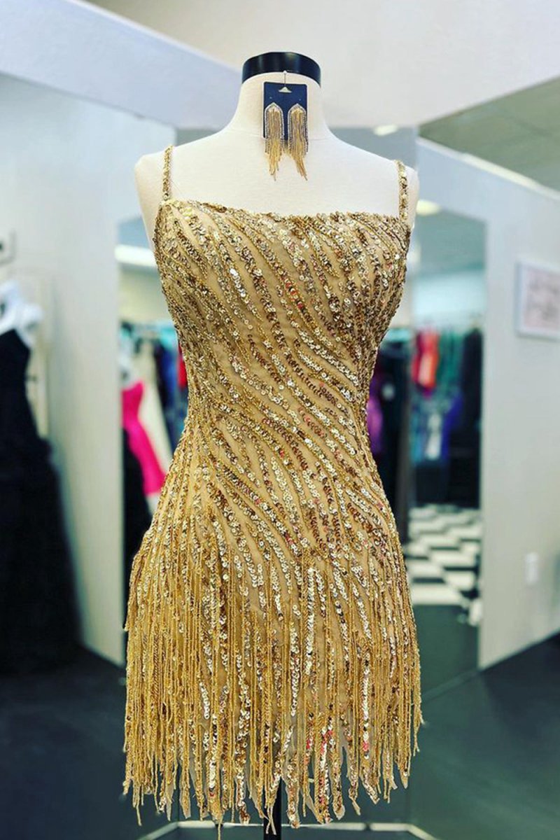 Sparkly Sheath Spaghetti Straps Gold Short Homecoming Dresses with Tassel