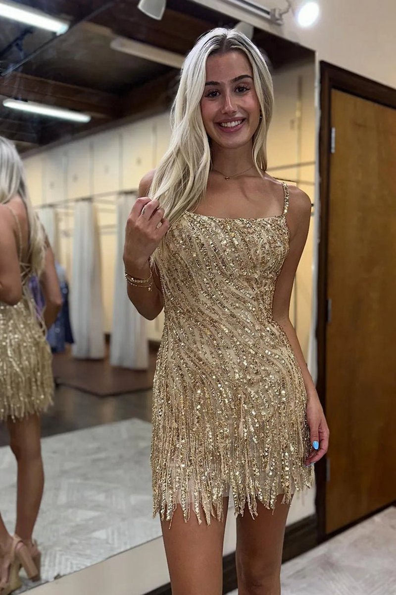 Sparkly Sheath Spaghetti Straps Gold Short Homecoming Dresses with Tassel