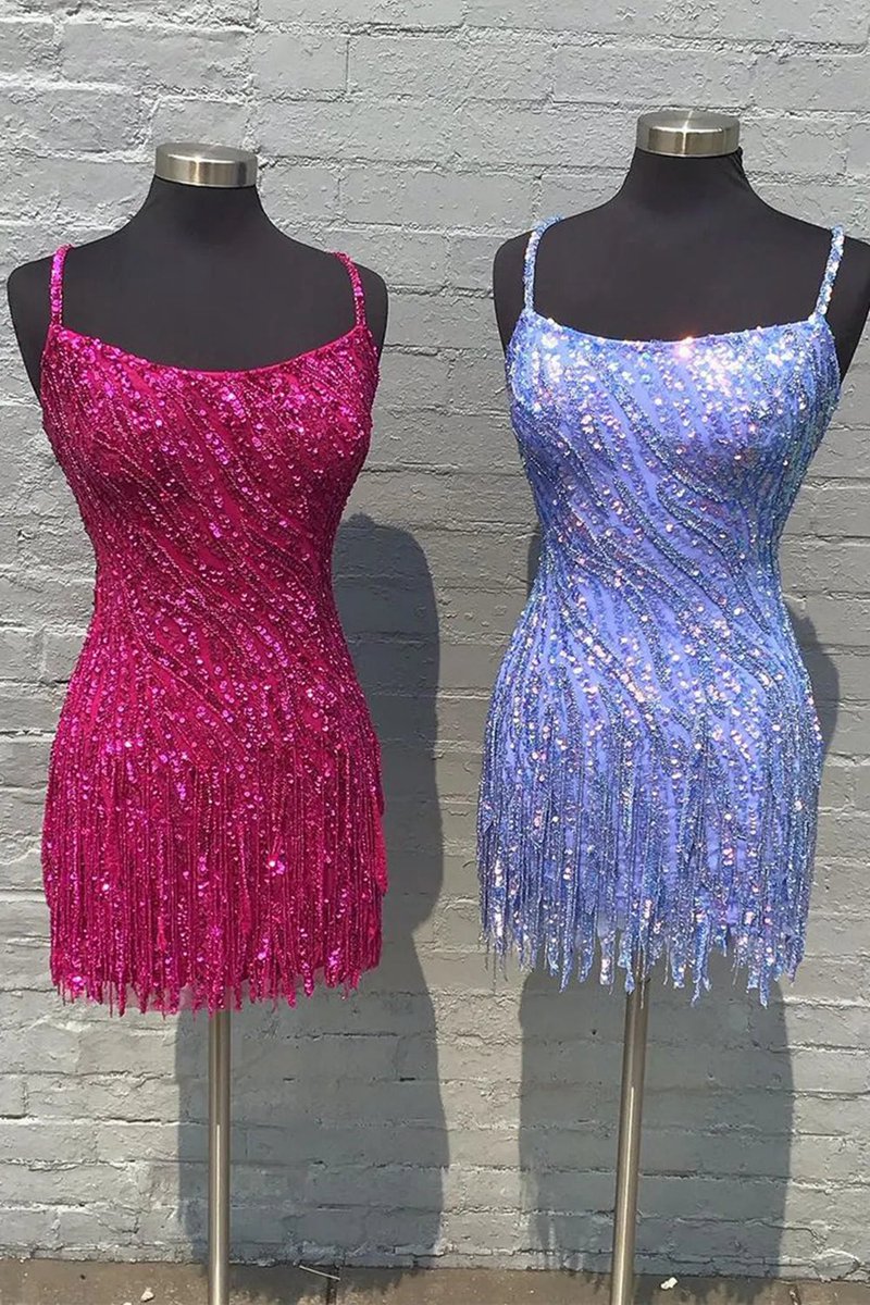 Sparkly Sheath Spaghetti Straps Gold Short Homecoming Dresses with Tassel