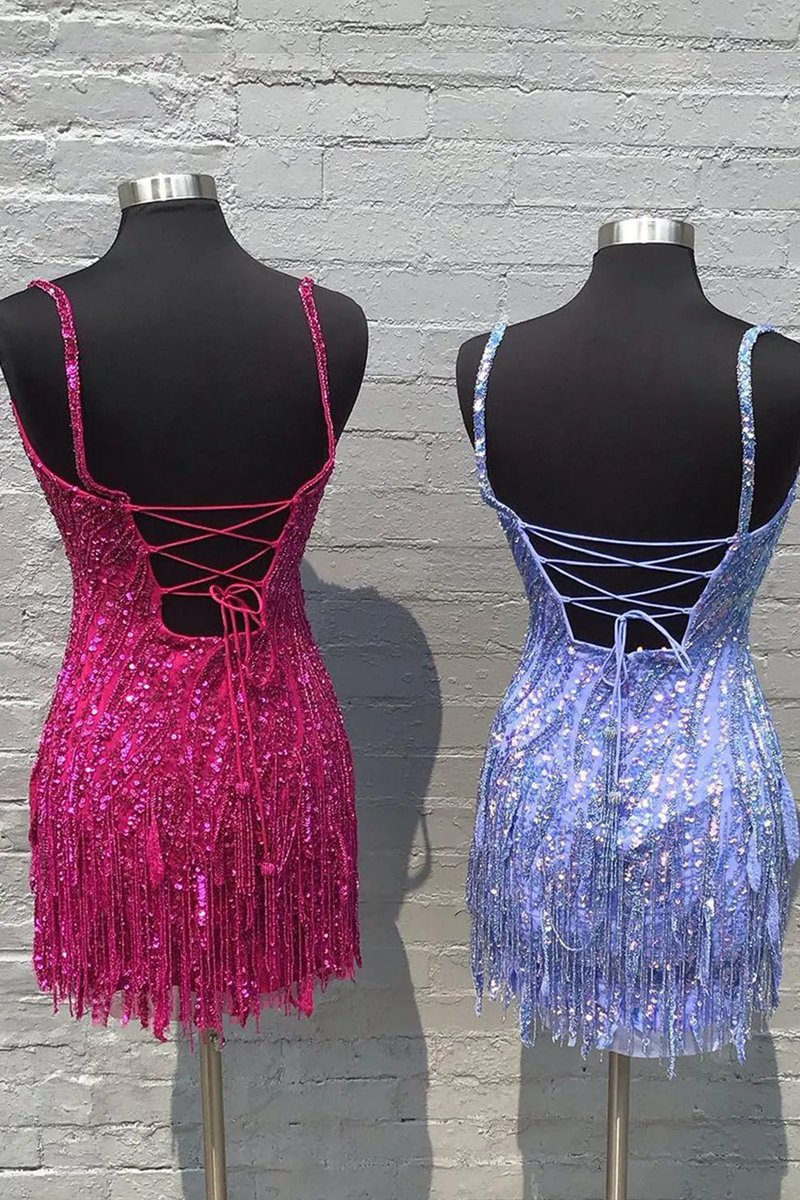 Sparkly Sheath Spaghetti Straps Gold Short Homecoming Dresses with Tassel