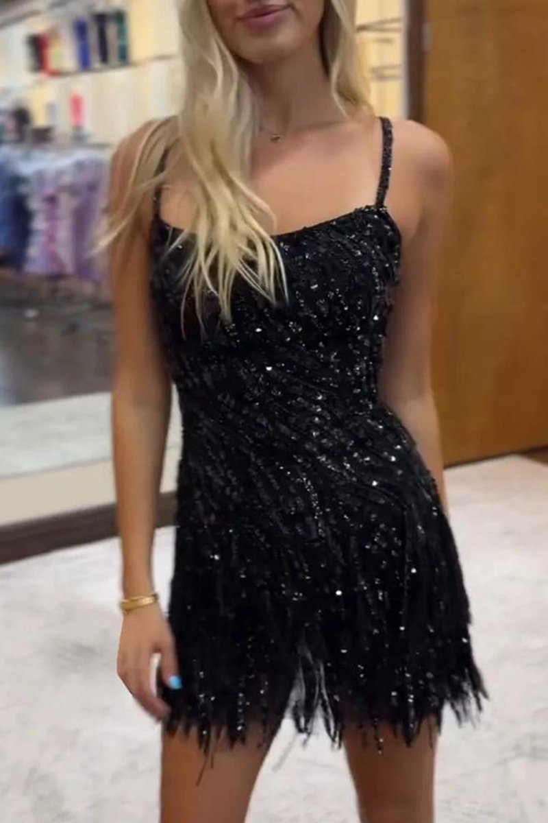 Sparkly Sheath Spaghetti Straps Gold Short Homecoming Dresses with Tassel