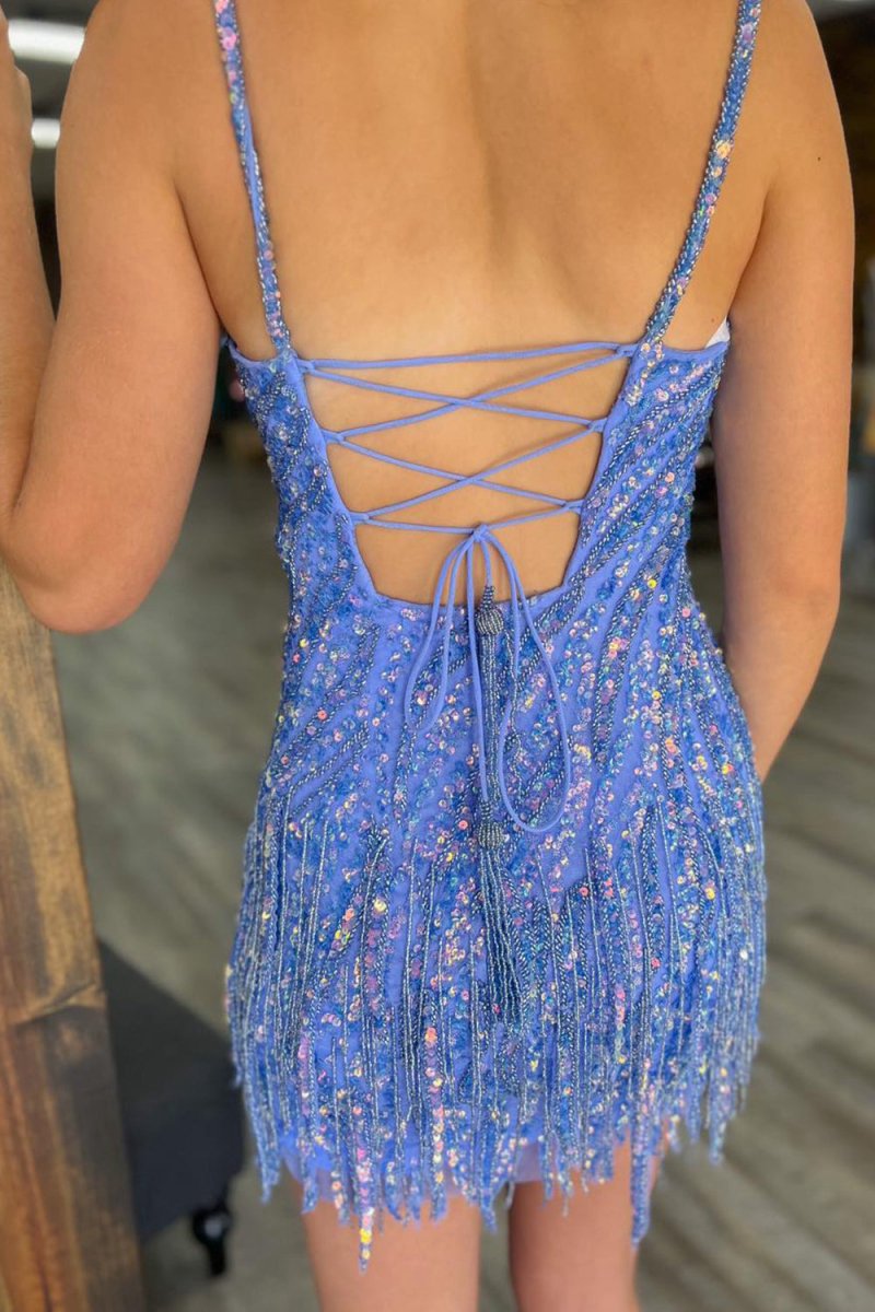 Sparkly Sheath Spaghetti Straps Gold Short Homecoming Dresses with Tassel
