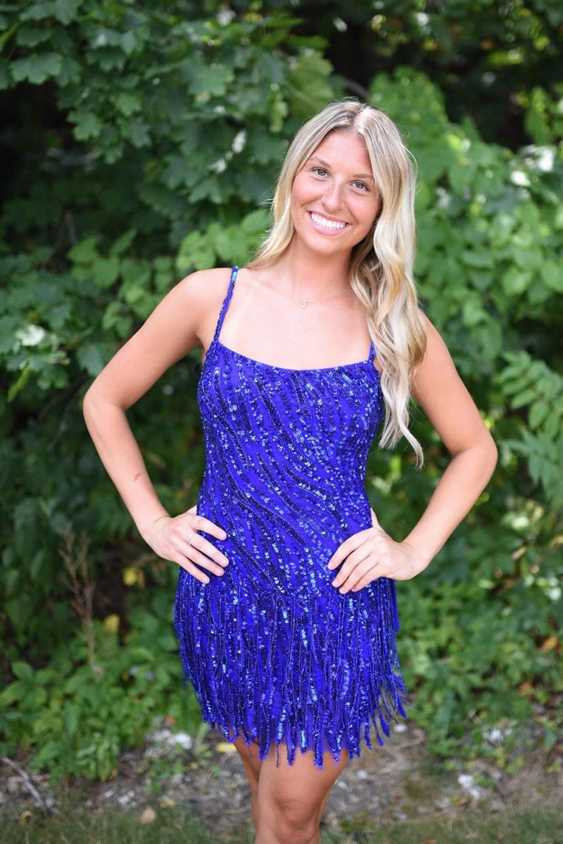 Sparkly Sheath Spaghetti Straps Gold Short Homecoming Dresses with Tassel
