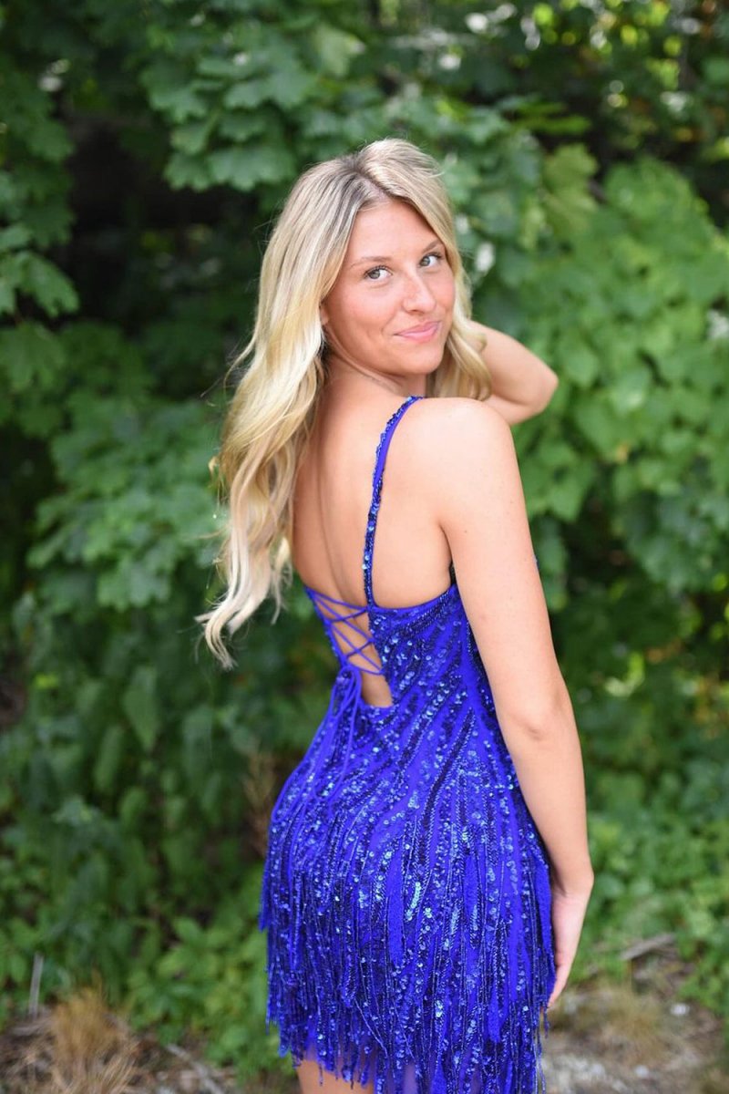 Sparkly Sheath Spaghetti Straps Gold Short Homecoming Dresses with Tassel