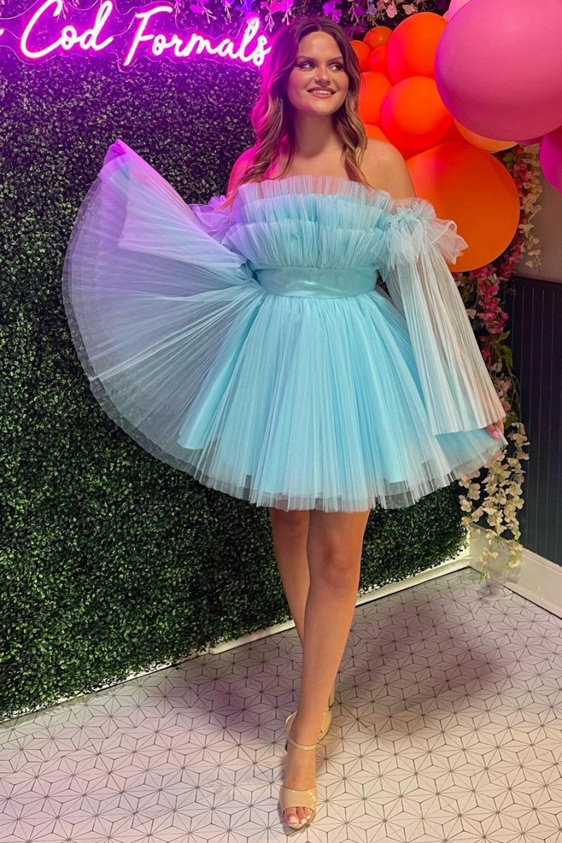 Strapless Ruffle A-line Short Dresses with Detachable Sleeves