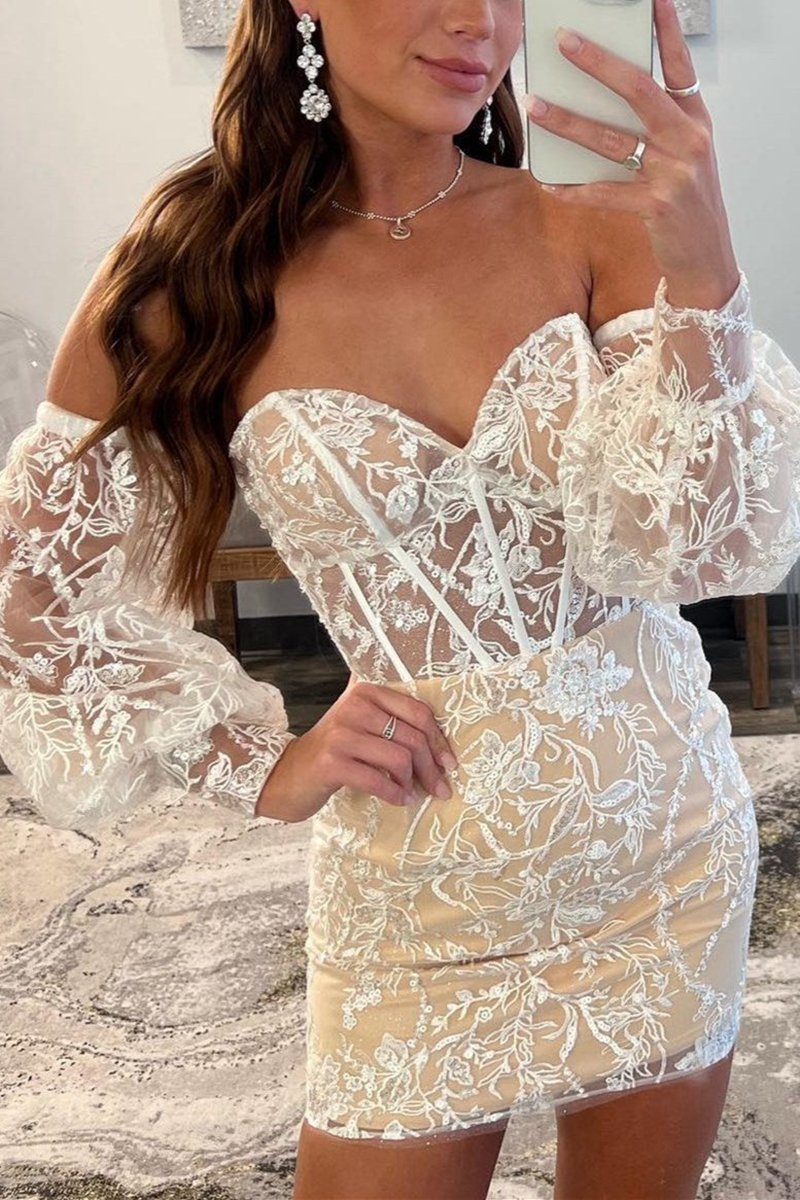 Lace Strapless Short Homecoming Dresses with Detachable Sleeves