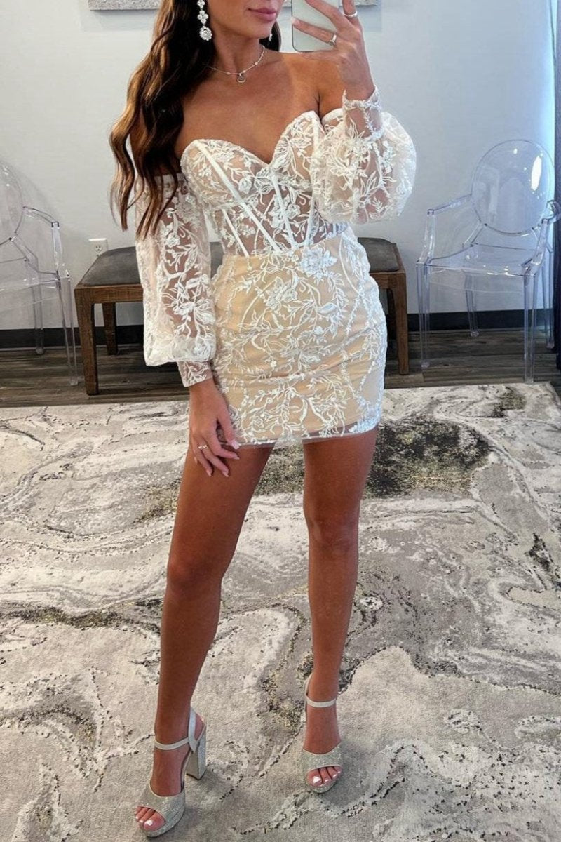 Lace Strapless Short Homecoming Dresses with Detachable Sleeves