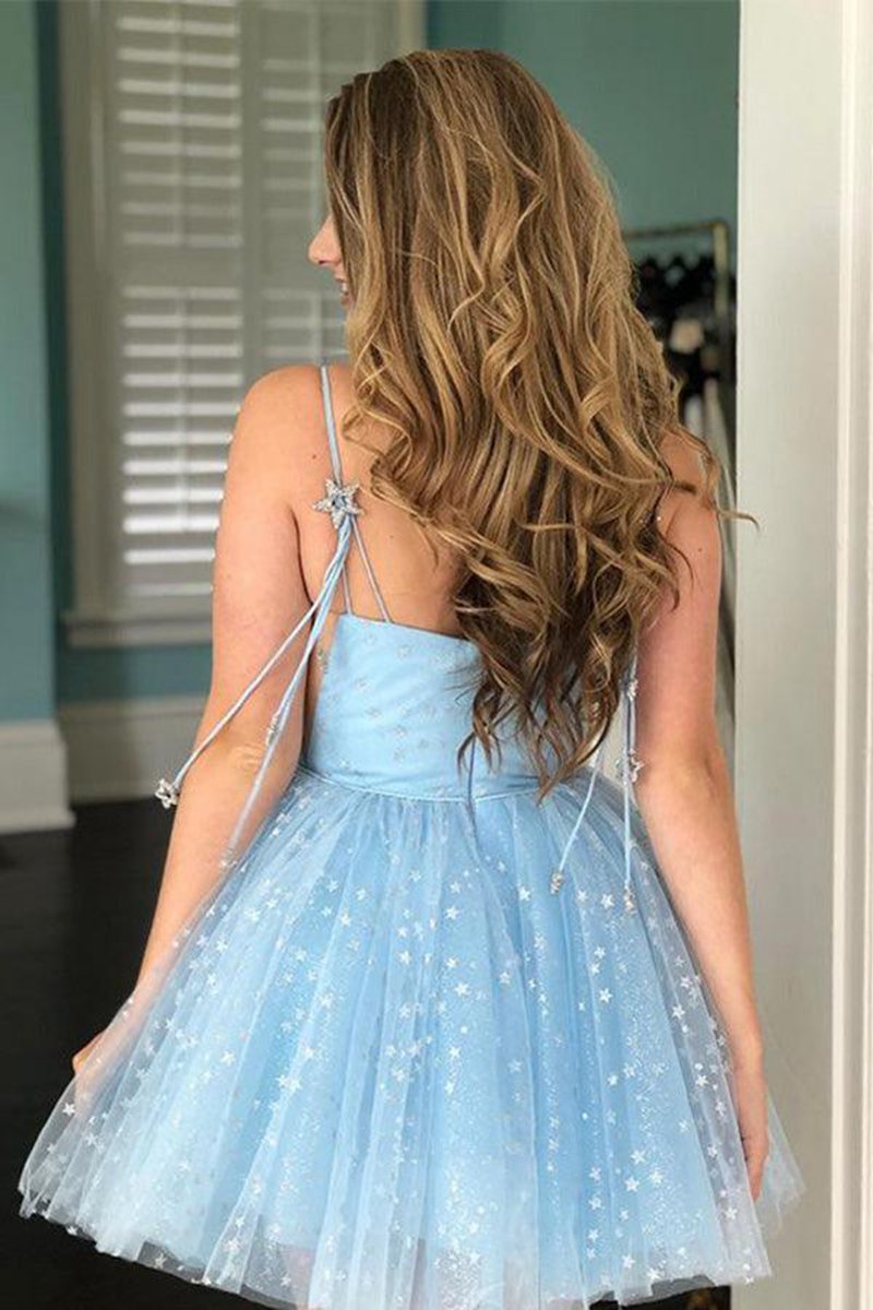 A-line Spaghetti Straps Lace up Short Tulle Above Knee Homecoming Dresses