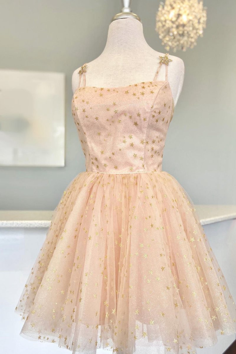 A-line Spaghetti Straps Lace up Short Tulle Above Knee Homecoming Dresses
