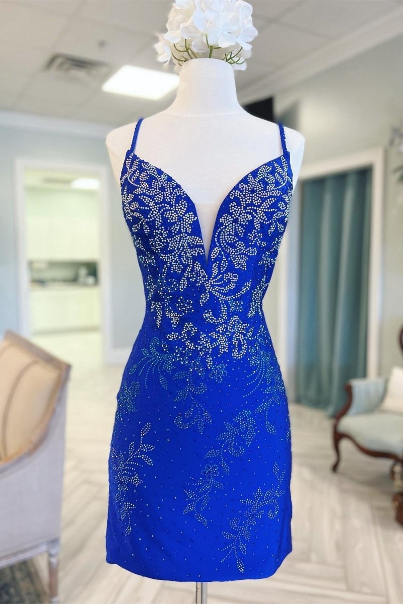 Beaded Plunge V Lace-Up Short Homecoming Dresses