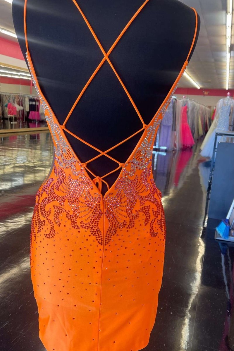 Beaded Plunge V Lace-Up Short Homecoming Dresses
