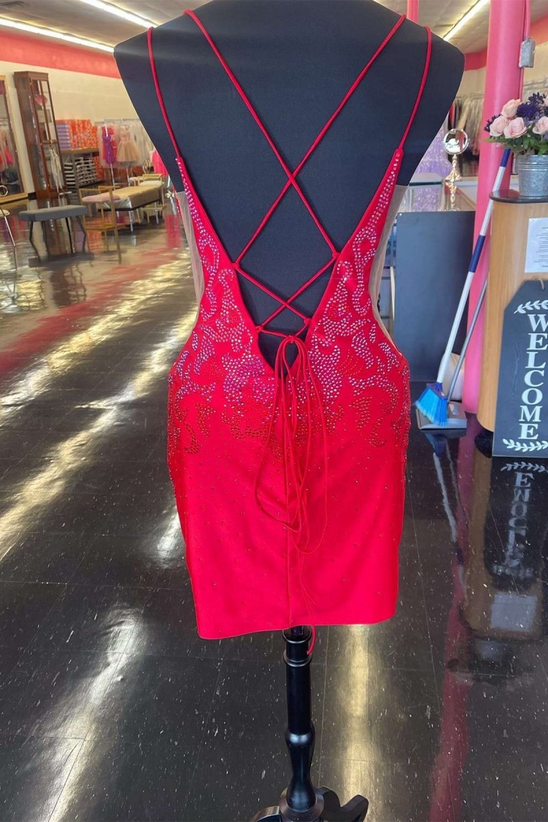Beaded Plunge V Lace-Up Short Homecoming Dresses